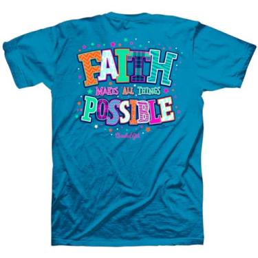 Imagem de Kerusso Camiseta Cherished Girl Faith Makes All Things Possible azul pacífico algodão gola redonda, Azul pacífico, 3G