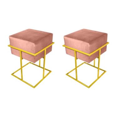 Imagem de Kit 2 Puffs Decorativos Quadrado Base De Ferro Dourada Tecido Veludo Rosê