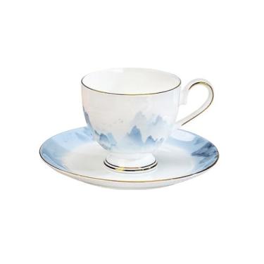 Imagem de Caneca de café de cerâmica Conjunto de xícaras café e pires, chá porcelana premium com borda dourada desenhada à mão pintura a tinta chinesa