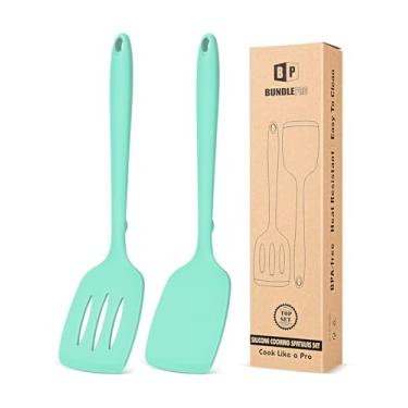 Imagem de Pacote com 2 espátulas de silicone, conjunto de espátulas de cozinha antiaderentes, resistentes ao calor, sem BPA, design de uma peça, adequado para virar peixe, ovos, bifes, panquecas (verde)
