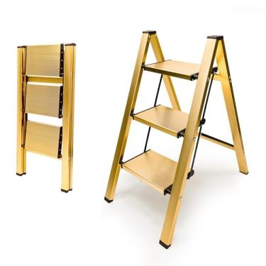 Imagem de Nova versão - Banco dobrável de alumínio com 3 degraus - escadas de capacidade de 150 kg com pedal largo antiderrapante, escada leve, cenário multiuso portátil para casa/cozinha/escritório/jardim