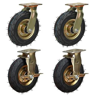 Imagem de Rodízios de borracha pneumática resistente de 20 cm e 25 cm - pacote com 4, rodas elásticas de substituição para carrinhos de móveis e bancadas de trabalho, com freios e placa superior para maior