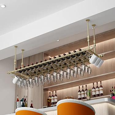 Imagem de Rack de pendurar para taças de vinho, prateleira de vinho industrial ajustável para parede, prateleira de vidro champanhe, moldura decorativa de teto, decoração de casa de bar 80/100 cm (cor: ouro