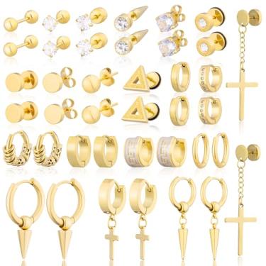 Imagem de XIANNVXI 20 pares de brincos masculinos pequenos de argola de aço inoxidável com pingente de cruz hipoalergênicos para homens e mulheres, Aço inoxidável, Sem pedra preciosa