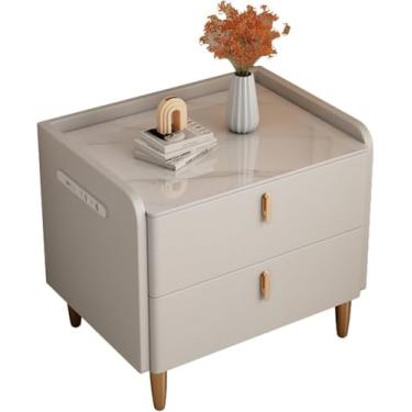Imagem de Mesas Laterais Quarto, Criado-mudo Com Estação De Carregamento, Tampo De Mármore Falso, Criado-mudo Direito, Com 2 Gavetas, Bianco, 45cm