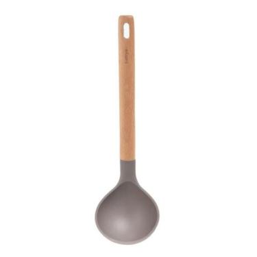 Imagem de Concha de Cozinha Silicone Kenya Cinza Cabo de Madeira Não Risca