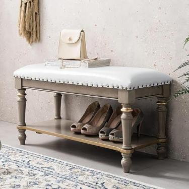 Imagem de Banqueta de couro PU com assento acolchoado, banco de armazenamento, banco estofado moderno para sala de estar, banco de sapatos de entrada, banco de armazenamento de sapatos vintage - bege 90 x 35 x