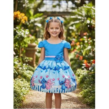 Imagem de Vestido Infantil Temático Stitch E Angel Azul C/ Manga Festa - Pequeno