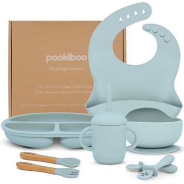 Imagem de Conjunto de alimentação de silicone para bebês - 100% puro LFGB de silicone premium - conjunto de alimentação de 8 peças: babador, copo de palha, placa de sucção e tigela, garfo e colher, colheres de