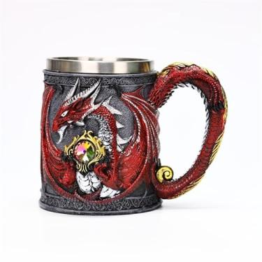 Imagem de JIUMOZHI Caneca retrô de dragão de pedra pintada à mão caneca de cerveja de aço inoxidável de resina caneca de café xícara de chá design criativo decoração de bar (vermelho)