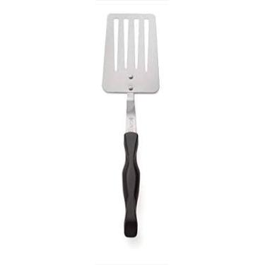 Imagem de CUTCO Espátula vazada modelo 1716 com alça clássica marrom escuro (frequentemente chamada de "preto") em um saco plástico da fábrica.