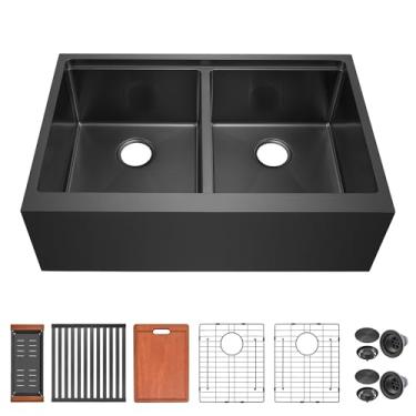 Imagem de Tigela dupla para pia de fazenda 33 - Kitsitchen Avental de 83 polegadas frontal de aço inoxidável tigela dupla grande 50/50 borda estação de trabalho artesanal pia de cozinha de fazenda com