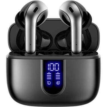Imagem de Fones de ouvido Bluetooth True Wireless com indicador LED de bateria e estojo de carregamento sem fio. Intra-auriculares com microfone para TV, smartphone, laptop, computador e esportes. (preto)