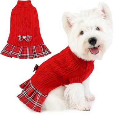 Imagem de Suéter feminino com saia xadrez, gola rolê, suéter, roupas quentes para cães, para aniversário, ano novo, dia de Ação de Graças, foto (vermelho, G)