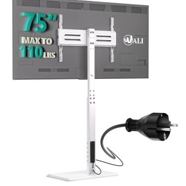 Imagem de WALI Suporte De Tv De Chão Com Tomada Elétrica, Suporte De Tv Alto Para Tv De 32 A 75 Polegadas De Até 110 Libras, Suporte De Tv Giratório E Ajustável Em Altura Com Base De Madeira Para Quarto, Escr