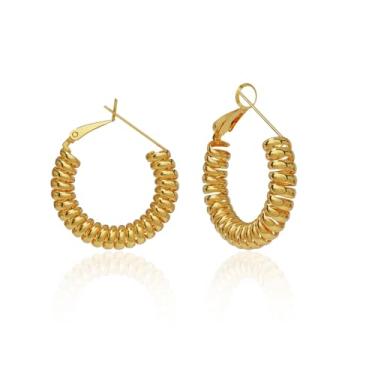 Imagem de Brincos de argola de mola para mulheres – Banhado a ouro 18 K, argolas grossas, com fecho nas costas, espiral, minimalista, joias modernas, presentes para festa de aniversário e dia, one size, Latão