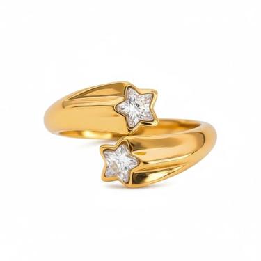 Imagem de Anel feminino com estrela dupla de zircônia cúbica cintilante, aço inoxidável, estrelas cadentes, anéis de dedo com envoltório aberto ajustável, alianças de compromisso, casamento, noivado, joias