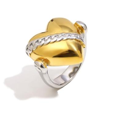 Imagem de Kokoma Anel moderno de declaração de coração dourado com detalhe de corrente de prata, anel de compromisso de amor de aço inoxidável anéis de noivado eternidade anel grosso, Aço inoxidável, Sem pedra