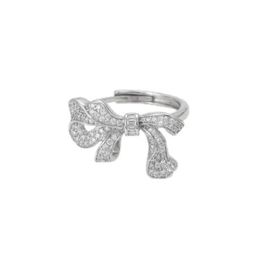 Imagem de Anel de zircônia cúbica com laço brilhante para mulheres, laço de fita de cristal, ajustável, aberto, coquetel, festa, aniversário, noivado, compromisso, anel de dedo, ajuste confortável, joia