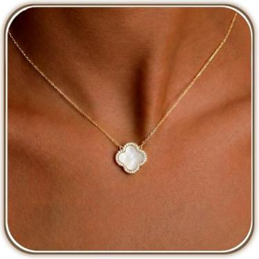 Imagem de Billet-doux Colar de trevo branco com conjunto de pedras de zircônia cúbica banhado a ouro 14K para mulheres - Colar com pingente de trevo de folha de ouro brilhante, joias modernas ajustáveis para