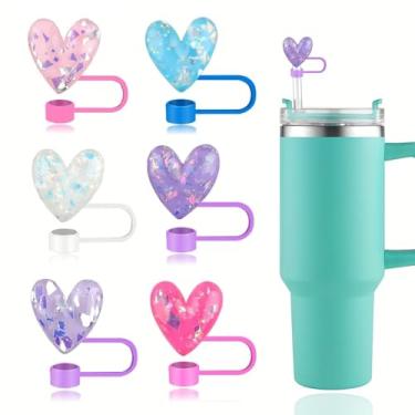Imagem de 9 peças de capas aleatórias de canudo de coração - tampas reutilizáveis de palha com glitter para copos Stanley, presentes ideais para acessórios de festa dos namorados