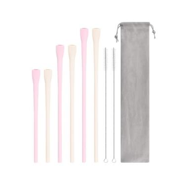 Imagem de 6 canudos de silicone antirugas, com 2 pincéis e 1 bolsa de tecido reutilizável para copos de vários tamanhos de 20/30/1,134 g, design largo plano, prevenção de rugas labiais (tamanho rosa + bege)