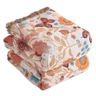 Imagem de Cobertor Boho para cama 203 x 228 cm, cobertor 100% algodão para sofá de sofá, colcha de musselina ultra macia de 4 camadas com estampa floral, cobertor/capa para decoração de sala de estar