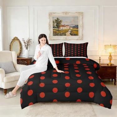 Imagem de Homewish Conjunto de edredom de bolinhas pretas vermelhas, tamanho casal, 3 peças, vintage, para crianças, adolescentes, adultos, círculos geométricos, simples, retrô, conjunto de edredom com 2