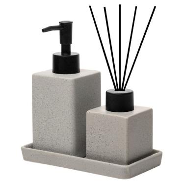 Imagem de Cj 2 Acessórios de Bancada para Banheiro/Lavabo de Cerâmica C/Bandeja Quadratto Cinza Wolff