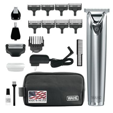 Imagem de Wahl Aparador de barba masculino com íon de lítio 2.0+ de aço inoxidável EUA – Barbeador elétrico e aparador de orelha de nariz – Kit de cuidados masculino tudo em um recarregável – Modelo 9864SS