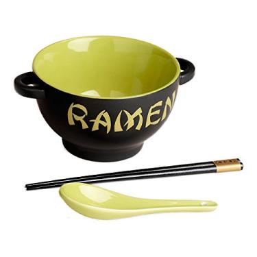 Imagem de Conjunto de tigelas de ramen de cerâmica japonesa World Market - Tigela de macarrão de galo verde de 3 peças com colher de sopa e pauzinho - Tigelas de sopa para sopa de macarrão, Ramen, Udon, Miso