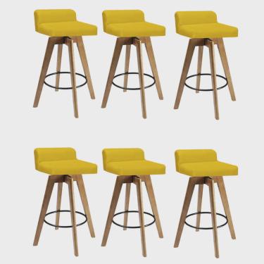 Imagem de Kit 06 Banqueta Alta Com Encosto Giratória Rute Madeira Balcão Bistrô Cozinha Suede Amarelo - Ahz Móveis