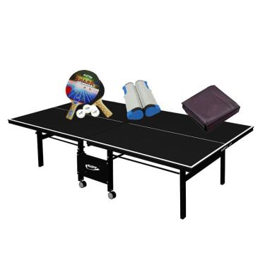 Imagem de Mesa de ping pong mdf 18mm 1084 preta klopf + Kit Raquetes e Bolinhas + Rede Retrátil + Capa Fechada