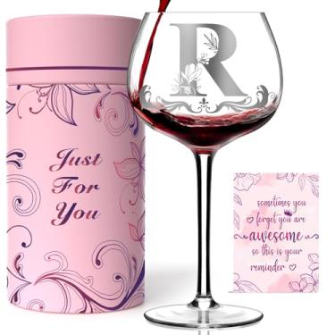 Imagem de Presentes de monograma personalizados para mulheres - taça de vinho com inicial A-Z personalizada, presentes exclusivos de aniversário e Natal para ela, mãe, esposa, irmã, filha, amiga (letra R)