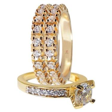 Imagem de Anel Solitário Com Aparador 2 Unidades Noivado Banhado Ouro - AIEVUOG,