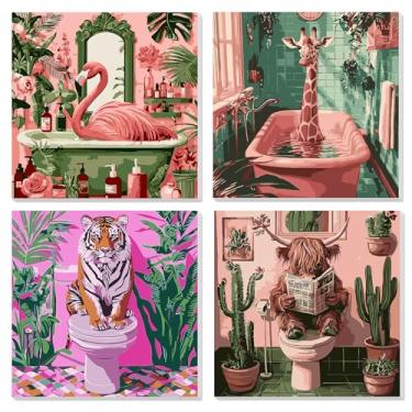 Imagem de Pacote com 4 tintas engraçadas de animais por números para adultos, 20 x 20 cm, kit de pintura faça você mesmo com pincéis e tintas acrílicas, girafa flamingo tigre vaca highland em tela para