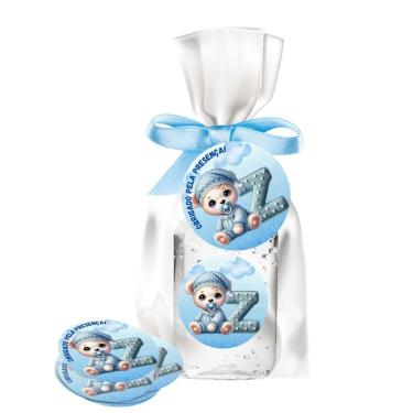 Imagem de kit 25 Lembrancinhas Alcool Gel Ursinho Azul Maternidade e Chá De Bebê 30ml Aroma de Bebê