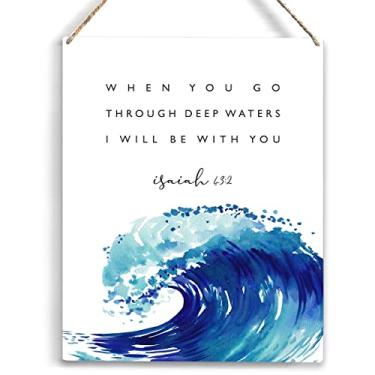 Imagem de YCYD Quando Você Passar Por Águas Profundas, Placa De Madeira Rústica Com Versículo Bíblico Isaías 43:2, Aquarela, Onda, Para Pendurar, Decoração Parede Casa, 8 X 10 Polegadas, Presente