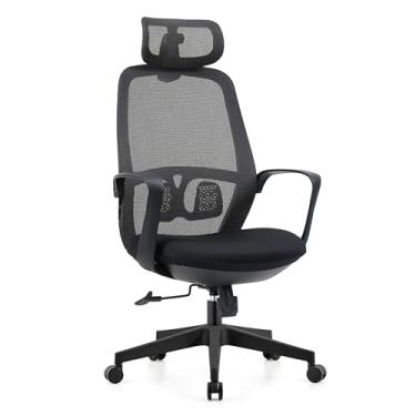 Imagem de Cadeira de Escritório Ergonômica Com Cabeça e Encosto de Cintura, Encosto Alto de Malha e 10cm Almofada Espessa Com Inclinação de 90° e Base Giratória e Altura Ajustável (Preto)