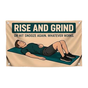 Imagem de Bandeira de motivação de 9,5 x 1,8 m com citação "Rise and Grind" com quatro ilhós de latão - Faixa de tapeçaria de um lado para decoração de parede - Bandeiras de parede legais e relaxantes para