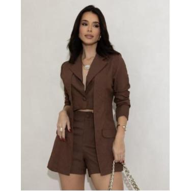 Imagem de Conjunto Blazer Duplo E Short Feminino Premium - Rezes Moda, Marrom, G