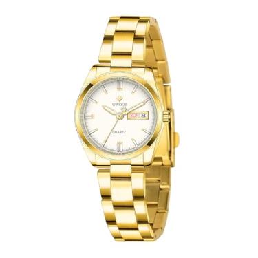Imagem de CARLIEN Relógios femininos de luxo luminosos à prova d'água com calendário feminino de aço inoxidável, relógio de pulso de quartzo, Dourado, branco, 29mm, Moderno, clássico, simples