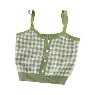 Imagem de Top Cropped De Malha Xadrez Azul Para Mulheres, Camisola De Verão Fofa