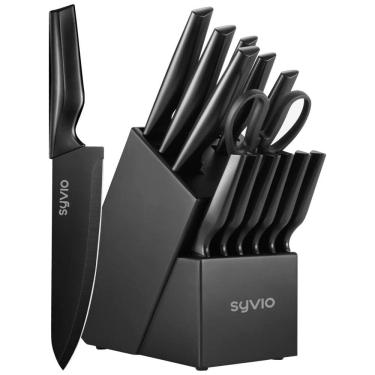 Imagem de Conjunto de Facas em Aço Inoxidável com Bloco de Bancada e Afiador Embutido, 14 Peças, Syvio, Preto