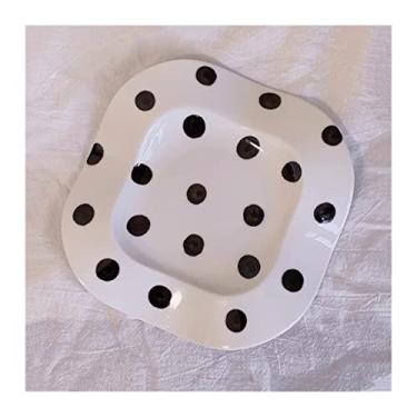 Imagem de Prato de serviço irregular prato de bolinhas preto e branco prato listrado preto e branco prato doméstico quadrado prato fundo de cerâmica restaurante prato de jantar pratos de sobremesa (cor: 001)