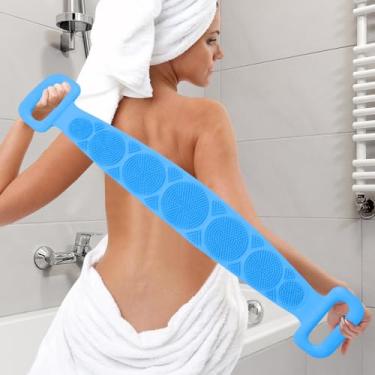 Imagem de 1 escova esfoliante para as costas com alças, esfoliante de silicone nas costas, escova de banho de cabo longo para homens e mulheres, azul