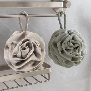 Imagem de Esponja de banho 2 peças para chuveiro, 50 g de bucha para mulheres, pufe de malha macia Scrunchies para banho - limpeza diária, cáqui + cinza