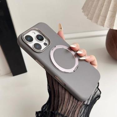 Imagem de YOGISU Capa de couro com suporte magnético de metal e rotação de 360 graus para iPhone 15 Pro Max e carregador sem fio (para iPhone 15 Pro Max/CINZA)