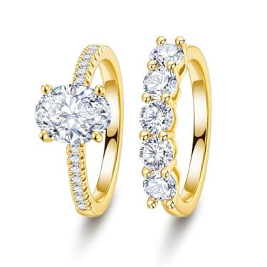 Imagem de JIAOGE Anéis de noivado para mulheres – Conjunto de alianças de noivado de zircônia cúbica de corte oval de ouro 2CT para mulheres, aliança de casamento eternidade, anel de compromisso para sua noiva