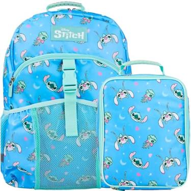 Imagem de Bioworld Conjunto de mochila e lancheira de 40,6 cm para escola e viagens, Disney's Stitch Blue